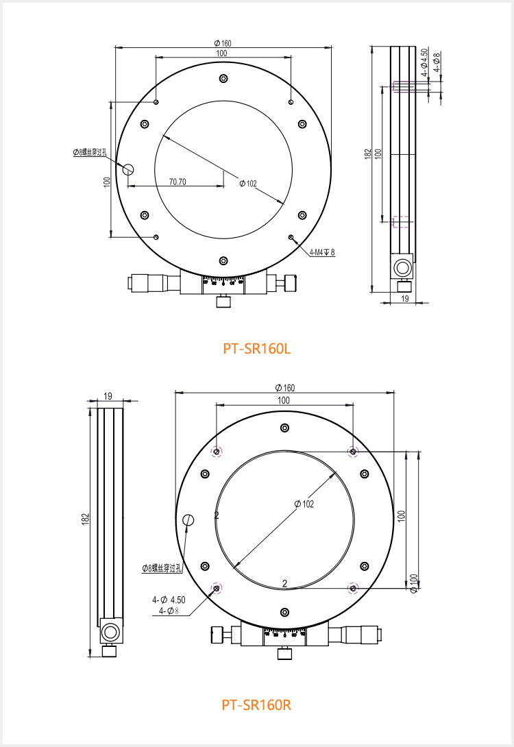 R轴中空旋转滑台360°角度手动精密微调光学位移台PT-SR80